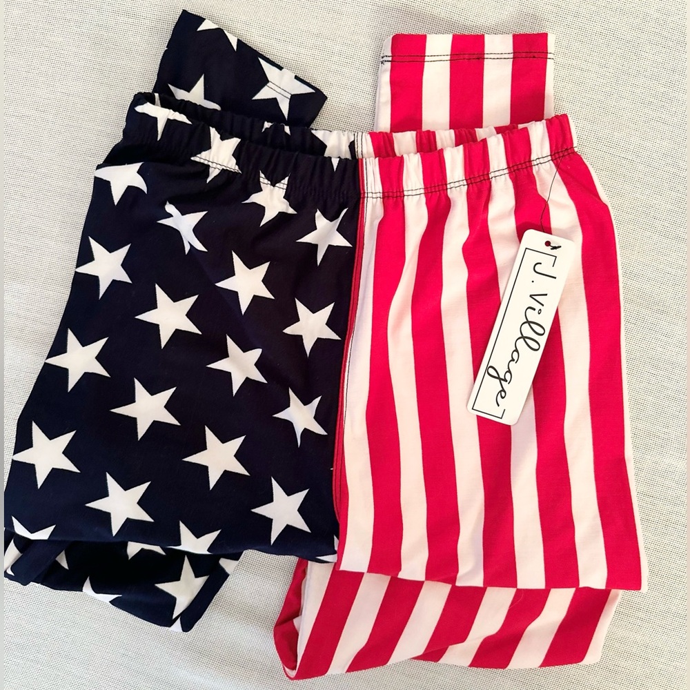 NWT J. Village USA Flag Red White Blue Stars & Stripes Leggings OS